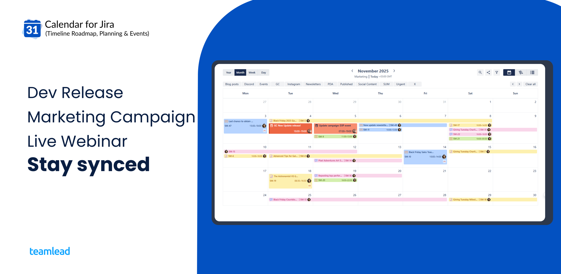 Calendar for Jira showing synchronized product release dates and marketing launch activities, with color-coding applied to distinguish between different project types