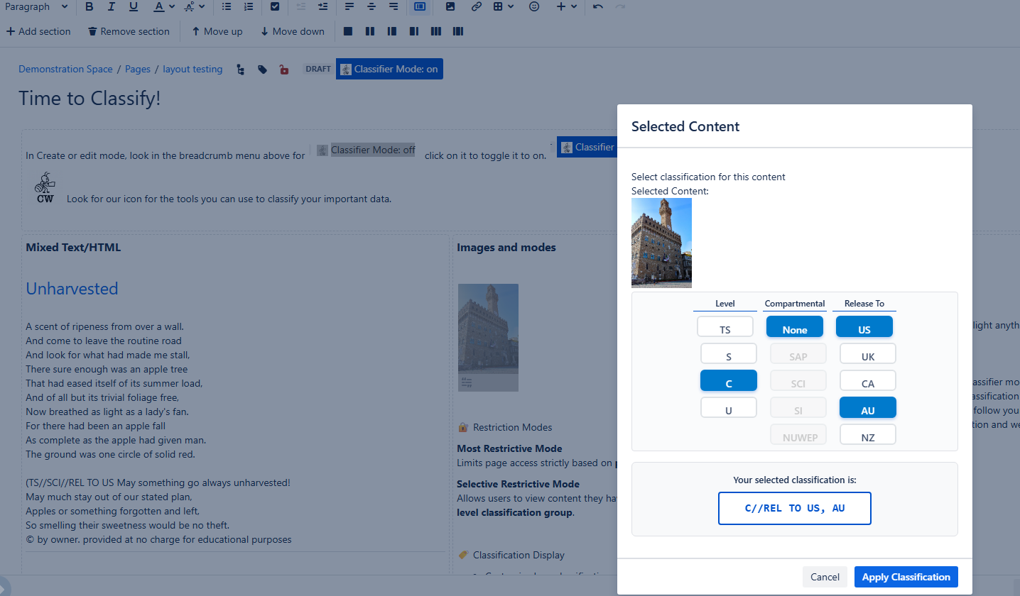 Tools to let you classify in view, create or edit mode, to provide portion marking at the level you need it. 