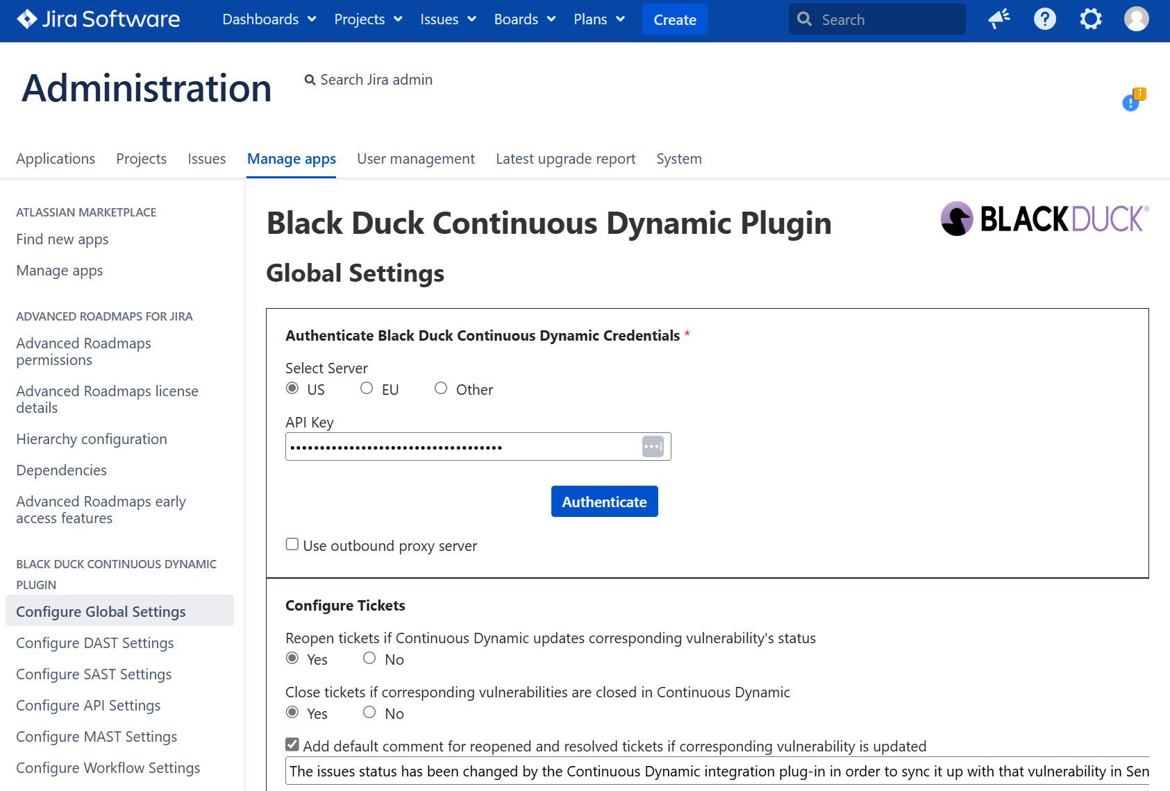 This shows a snap shot of the customizations available in this administration area which focuses on the various asset settings from Black Duck Continuous Dynamic as they relate to the Jira® environment.