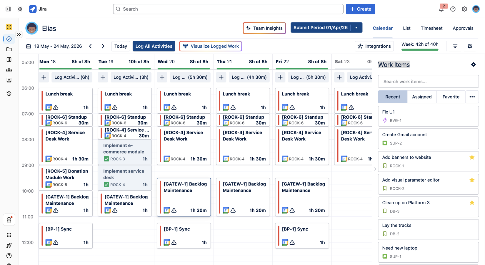 See the whole week in one view. Meetings, standups, and Jira work items appear as time-blocked suggestions from your team's actual activity. Click to log, or drag to adjust.