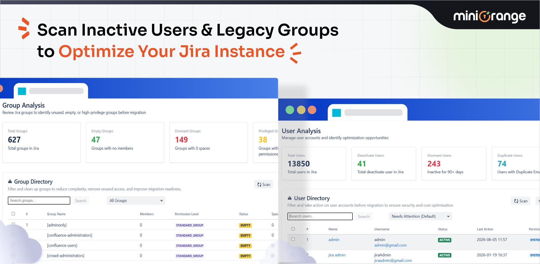Identify inactive & duplicate users/groups in DC
Bulk deactivate or delete users to cut license costs
Cut Cloud license costs by removing inactive users pre-migration
Expert support on user governance & cleanup