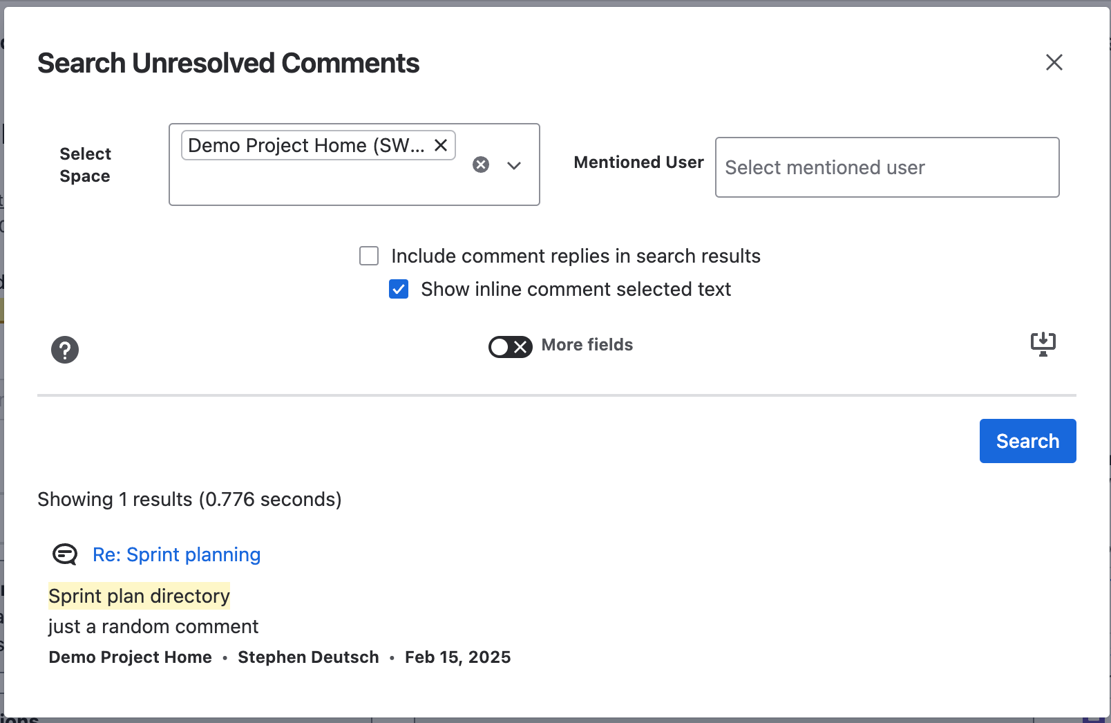 If you want to search a particular space for unresolved comments, it is not possible using the standard search. This add-on lets you search for all unresolved comments filtered by space and/or user.​