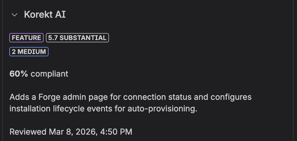 Korekt AI context panel showing change intent, severity counts, compliance percentage, and review summary