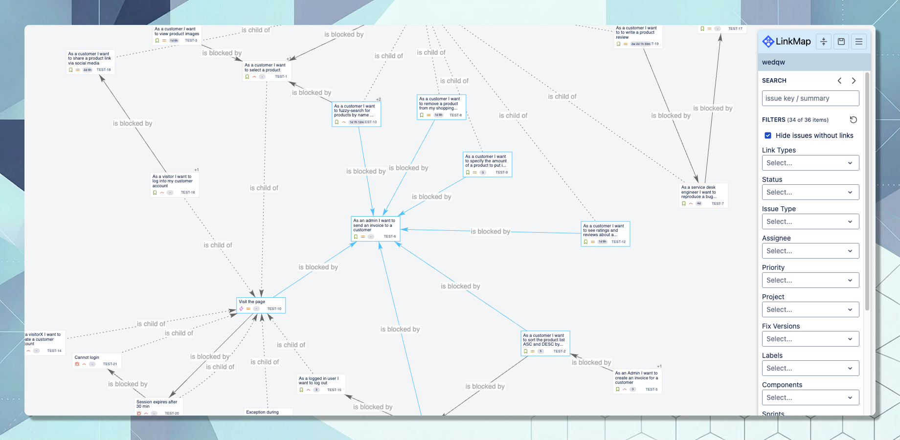 Issues are shown as nodes. The link structure and issue hierarchy is clearly revealed by the connecting edges. While zooming in the issues grow in size and change their appearance to gradually reveal more information.