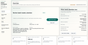 Overview shows the current billable review state, review queue, and held-out workflow.