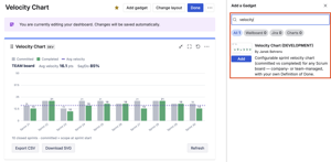 Add Velocity Chart to any dashboard in seconds. Free shows a real single-board chart on any board type; Pro adds configurable Done, estimation modes, multi-board compare, predictability and CSV/SVG export.