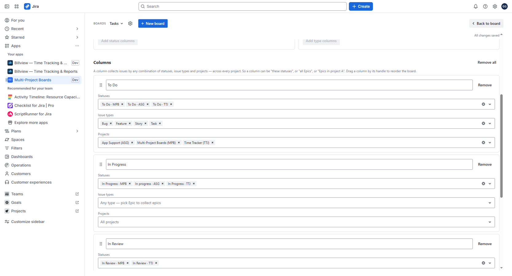 Board settings — configure columns manually or use the quick setup tools to generate them from a project's workflow or issue types