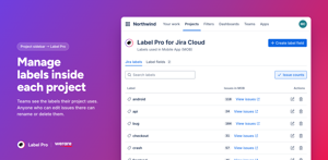 The Label Pro project page lists only the labels used in Mobile App (MOB), with issue counts. Anyone who can edit issues there can rename or delete a label without touching other projects.