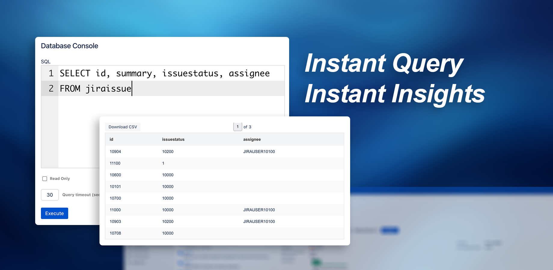 query input box and formatted results table of Database Console for Jira