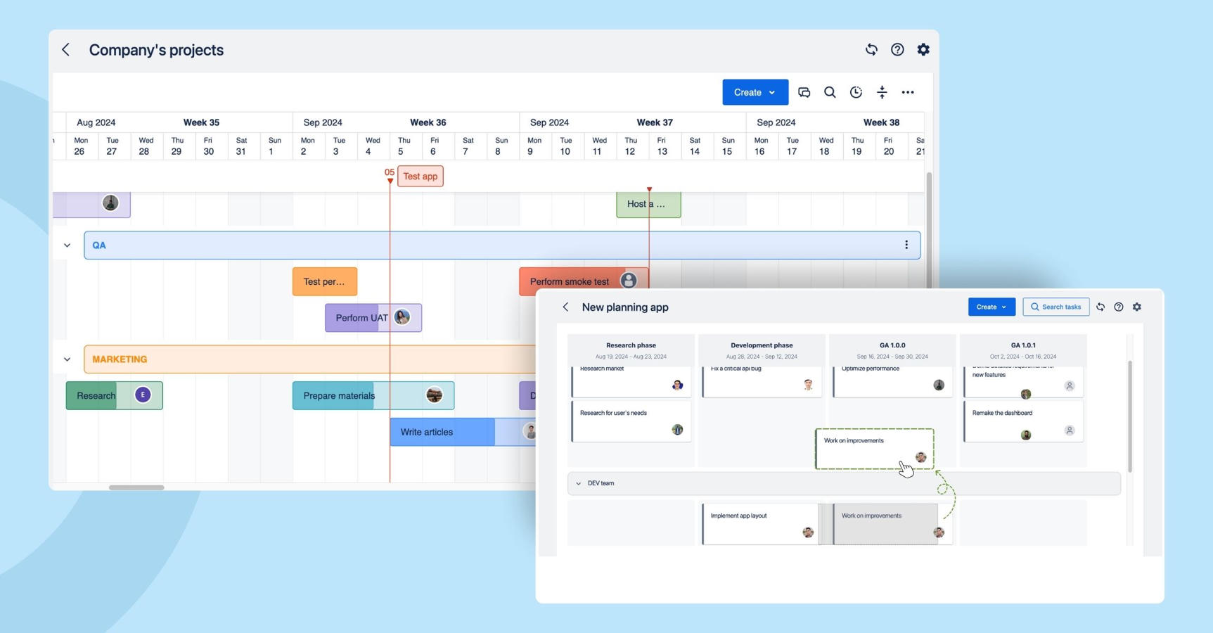 Visualize project planning in Confluence by using Timeline Roadmaps or Kanban boards