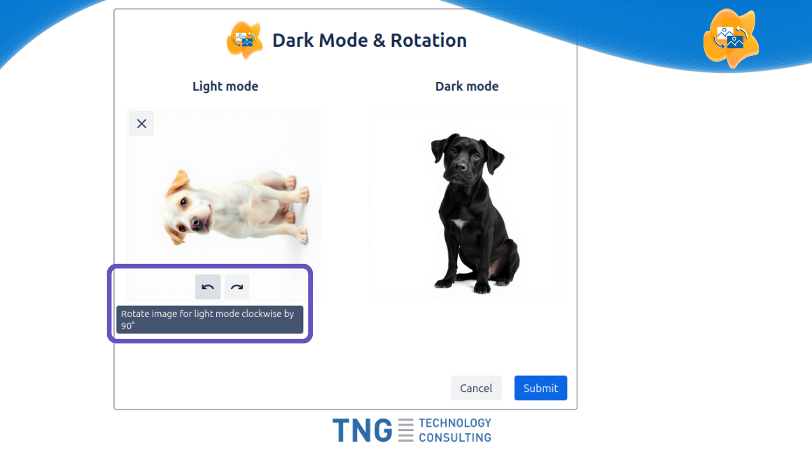 Provides two buttons to rotate images - clockwise or counter-clockwise.
