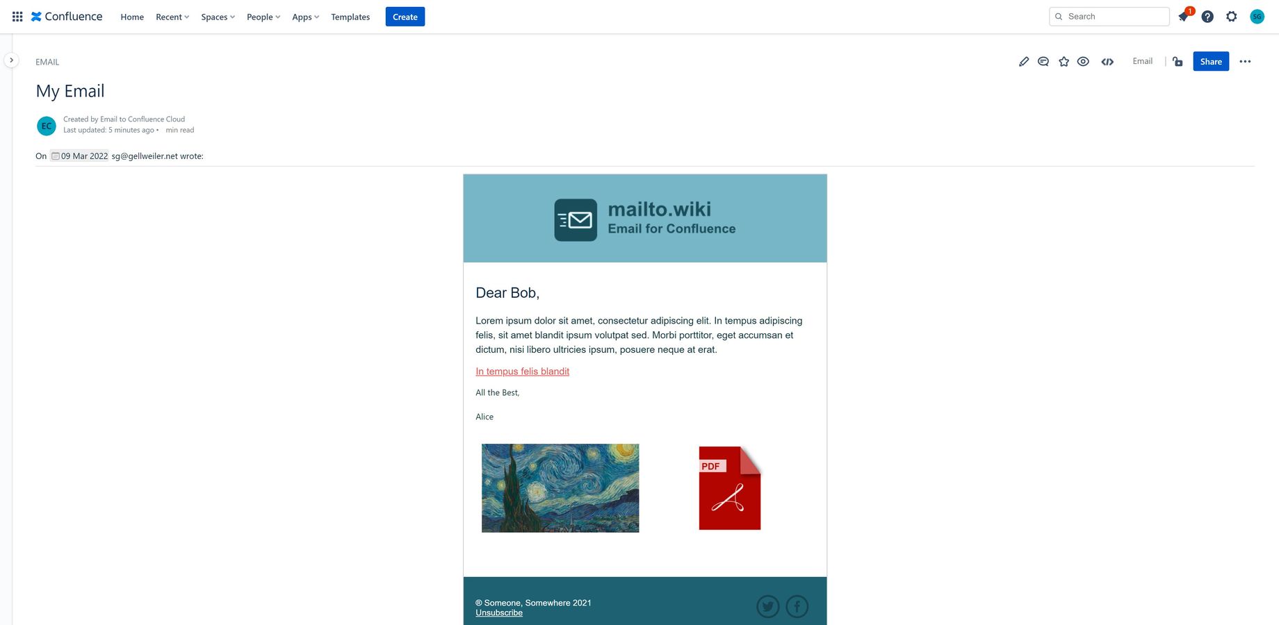 A confluence page that was created from an email.