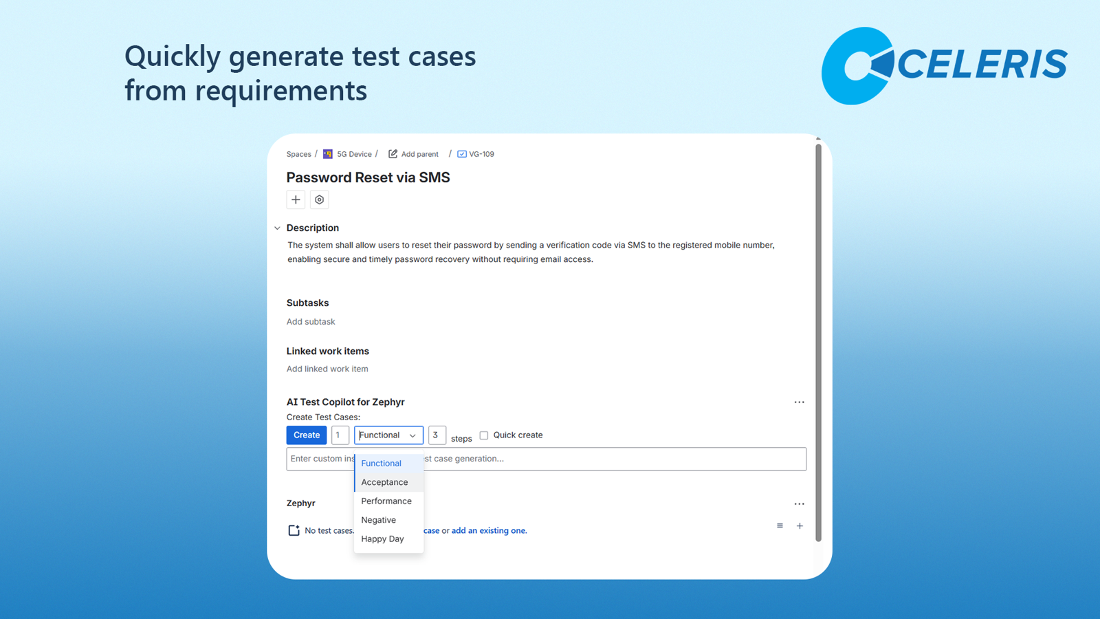 Generate Zephyr test cases from Jira requirements with AI.