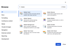 All 8 Atelier macros in the Confluence macro browser. Type /atelier to find backgrounds, banners, buttons, cards, dividers, info panels, spacers and text color.