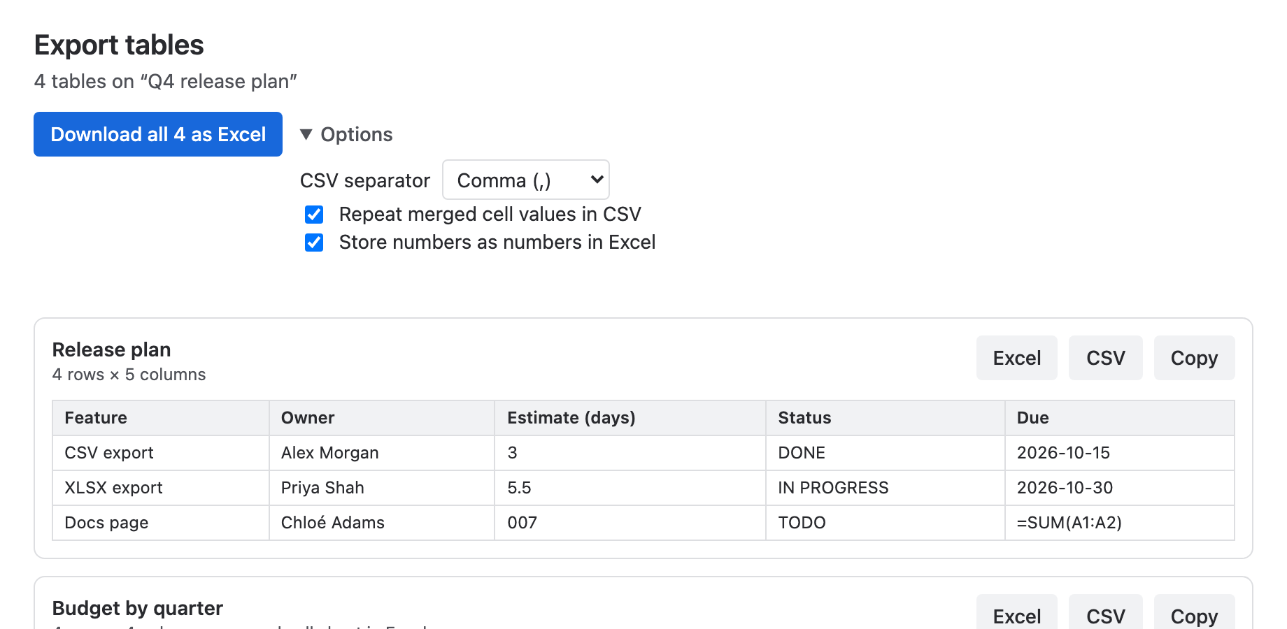 Choose the CSV separator and number-handling options, or export an individual table.