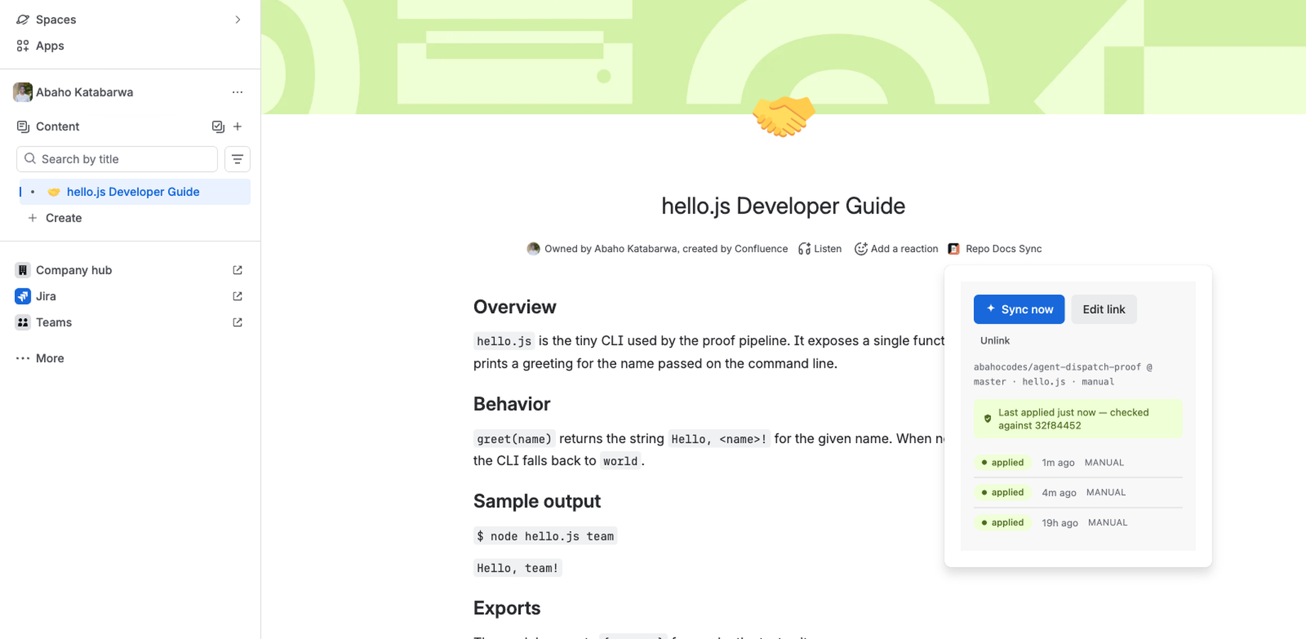 The corrected page after apply: the greeting fixed to match the code, checked against commit 32f84452, applied syncs listed.