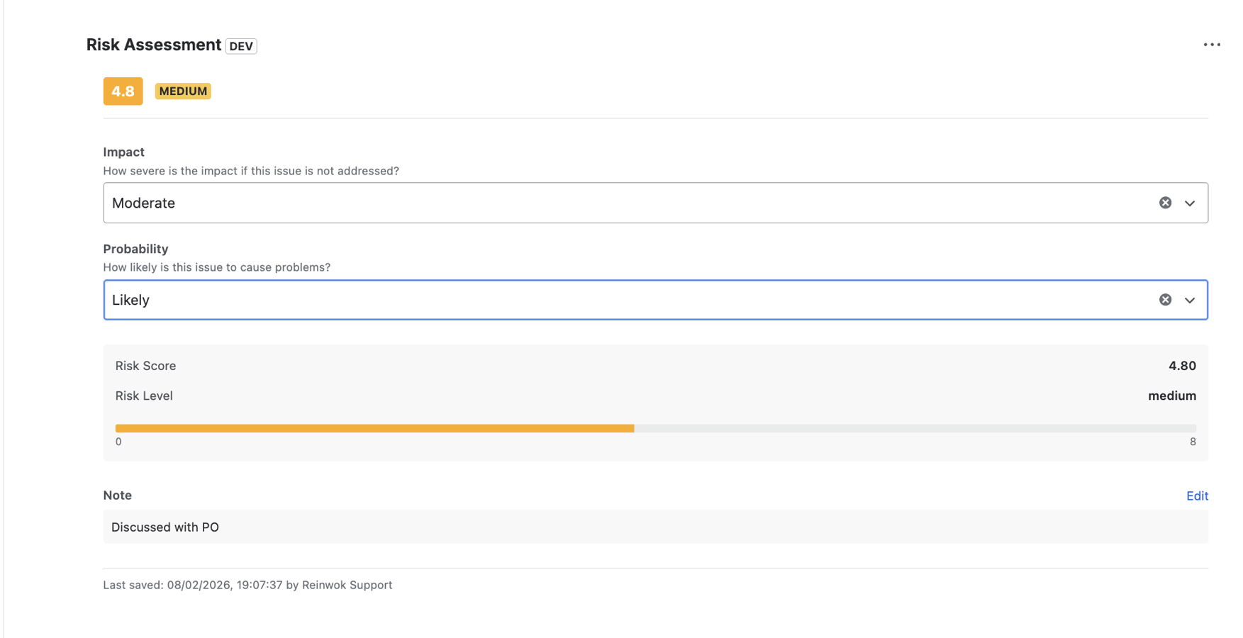 The Risk Assessment panel on a Jira issue showing Impact and Probability fields with a calculated risk score of 1.60 (Low). The visual progress bar displays where the score falls on the 0-10 scale.