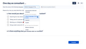 Take care of your international colleagues by translating your survey to multiple languages and allowing your colleagues to choose their preferred language.