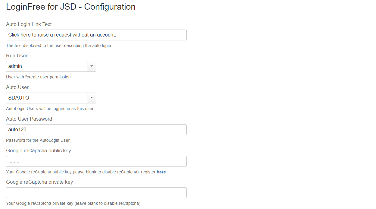 Admins decide whether to enable a Customer Portal for anonymous access. If you want to enable Google reCaptcha just enter your reCaptcha keys.