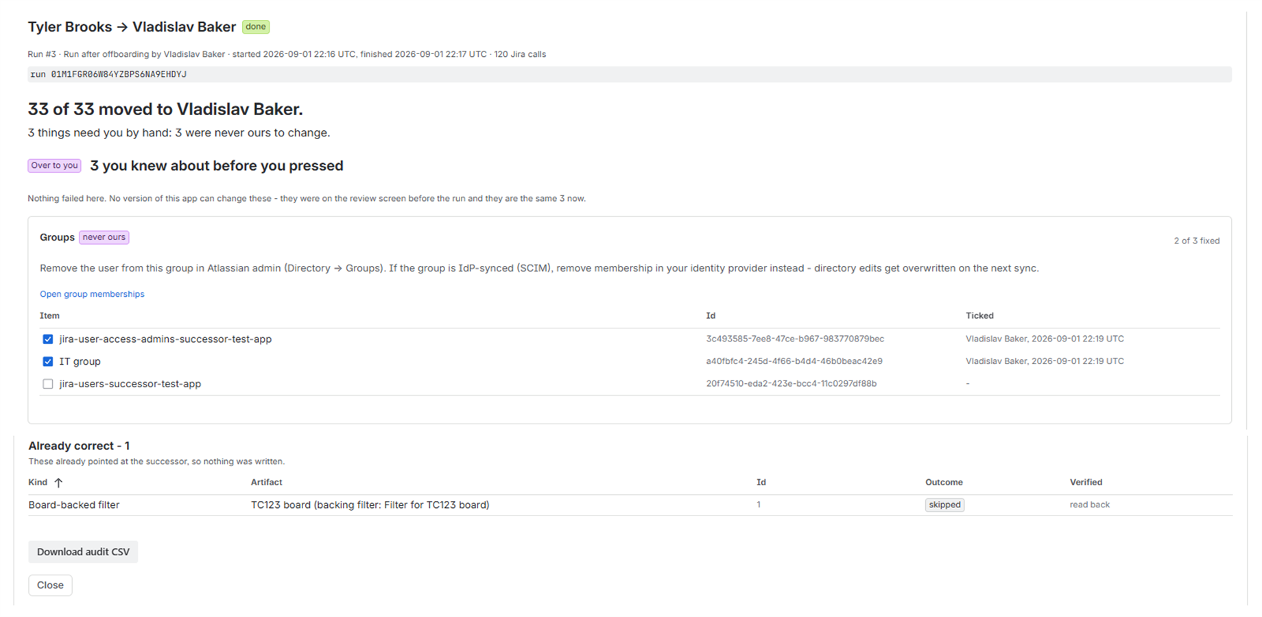 A finished run record: the verified read-back row, the manual checklist stamped with who ticked it and when, and the Download audit CSV button.