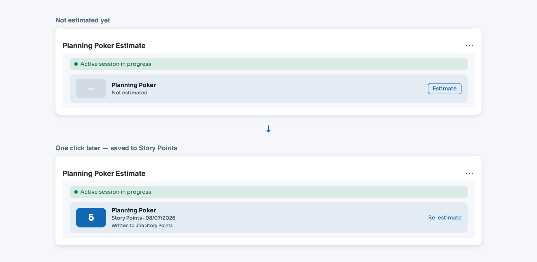 The agreed number lands in Story Points or Time Tracking, and every issue keeps its estimate and history
