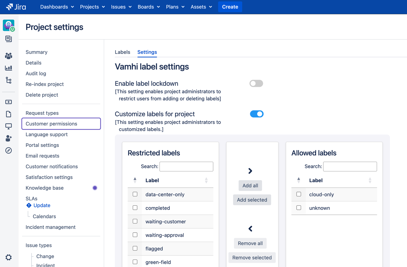Showing settings for feature Label Lockdown and Label Restrict
