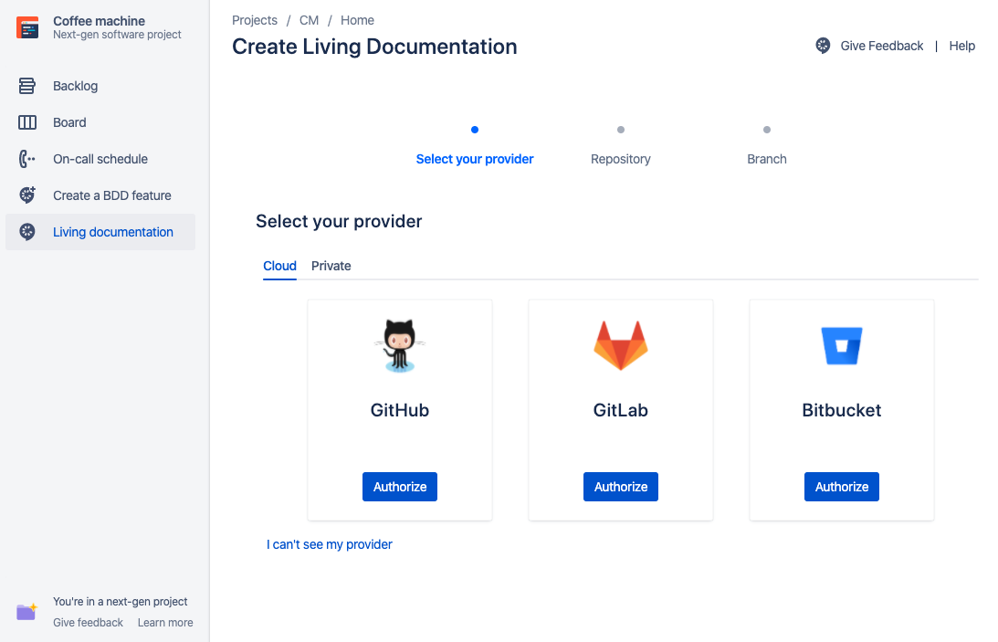 Select your git provider amongst the most popular one.