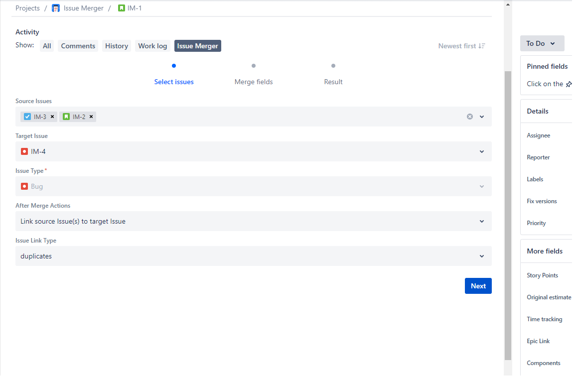 Select issues and decide what to do after merge eg. link issues or delete duplicates