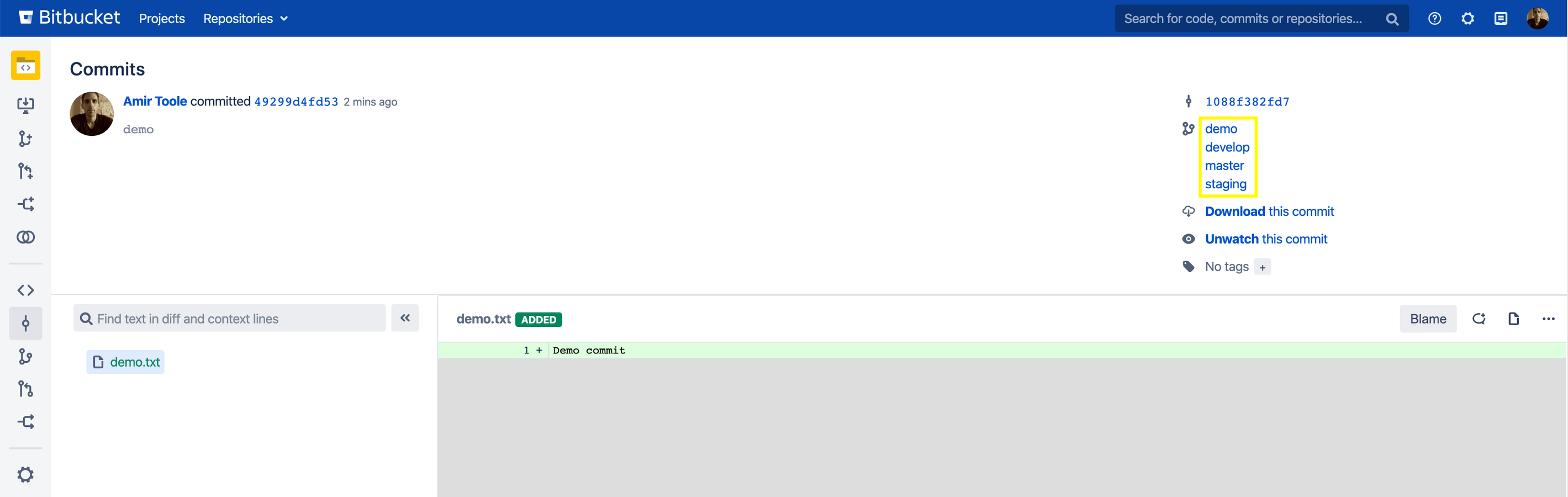 Yellow square shows where branch list appears