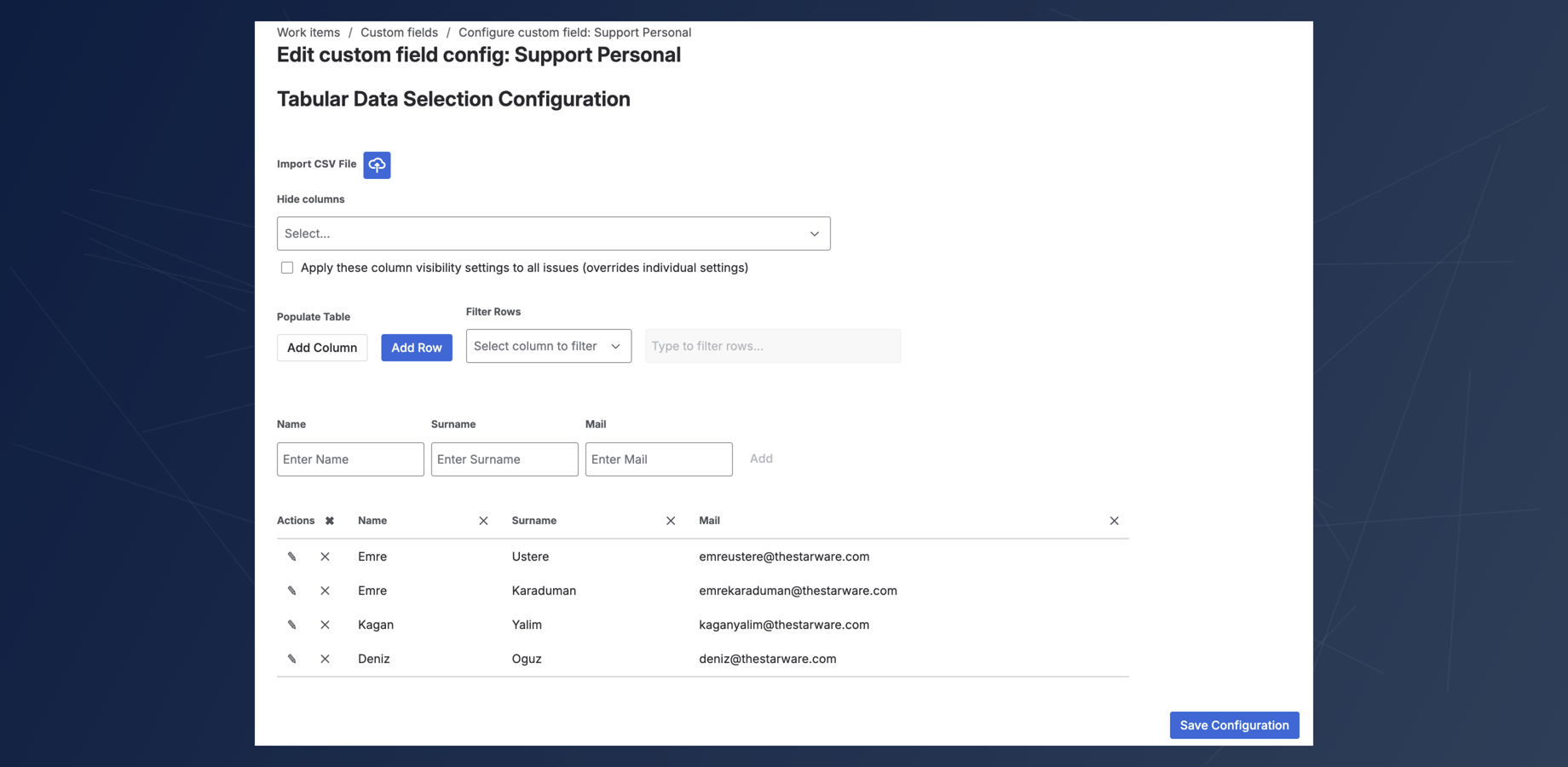 Build a fully custom data table by defining your own columns. Populate your table by adding rows one-by-one or by importing an entire CSV file, creating a structured data source right inside your Jira field.