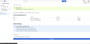 Threadmaker's admin home in Jira: check your license, see every connected project and its Slack channel at a glance, and manage your connection token — all in one place.