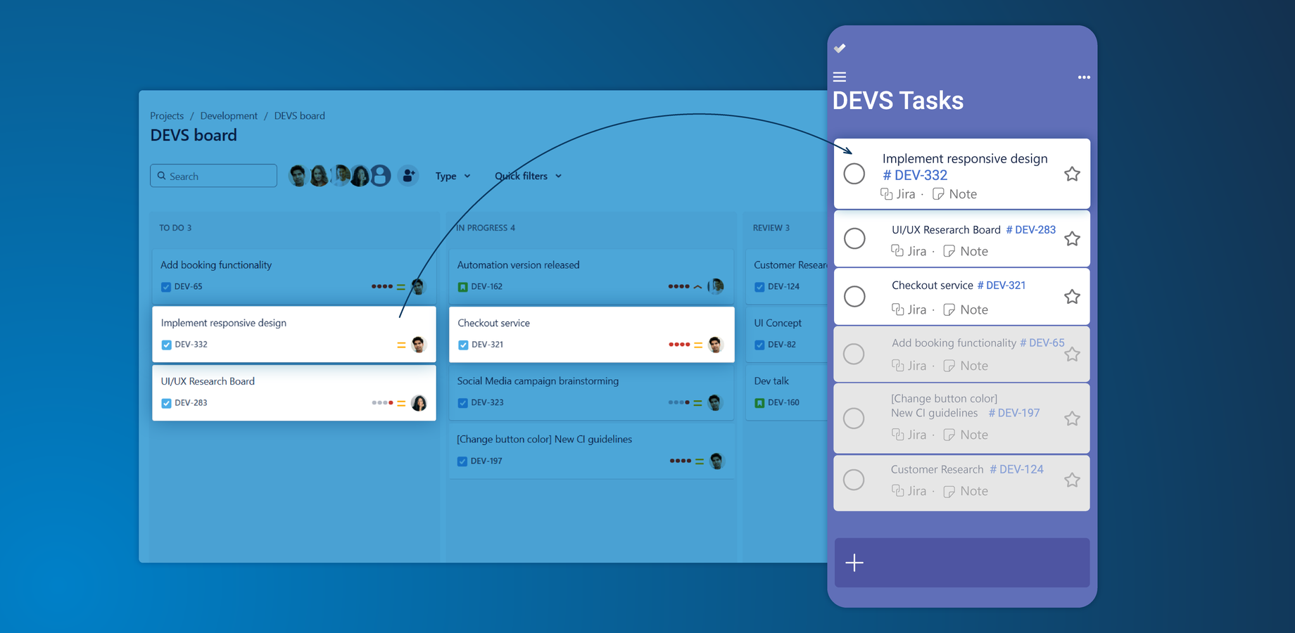 View your tasks in one place: Automatically sync all your Jira issues to your chosen Microsoft To-Do list. You can filter by status, type, priority, assignee and labels.