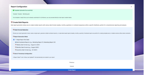 Template upload confirmation screen showing successfully imported page content with preserved formatting, followed by direct transition to bulk generation options for immediate report creation workflow.