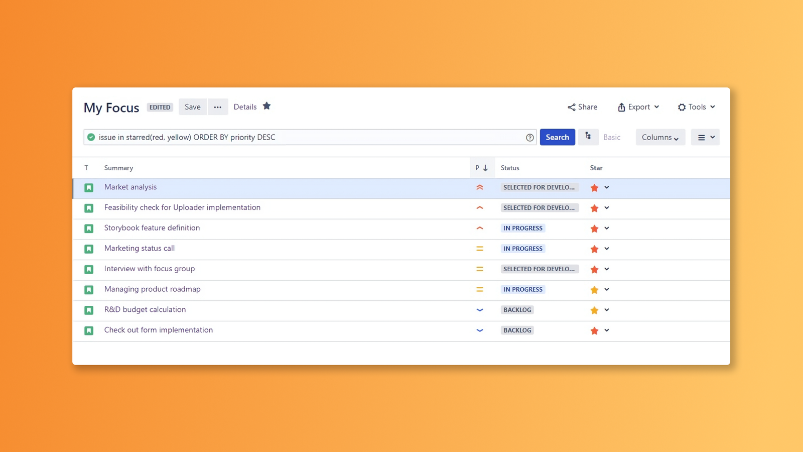 Use filters for quick access to starred issues