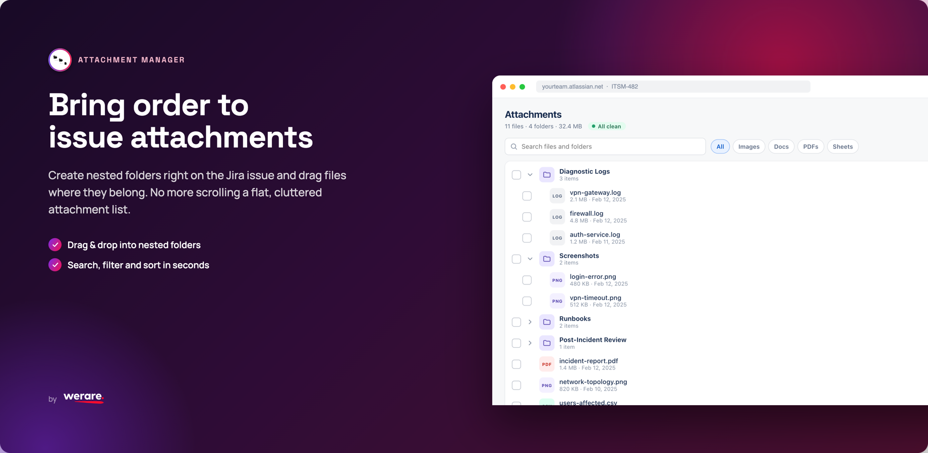 Attachment Manager panel on a Jira issue: 11 files across 4 folders, type filters, search, bulk-select checkboxes, size and date on every attachment.