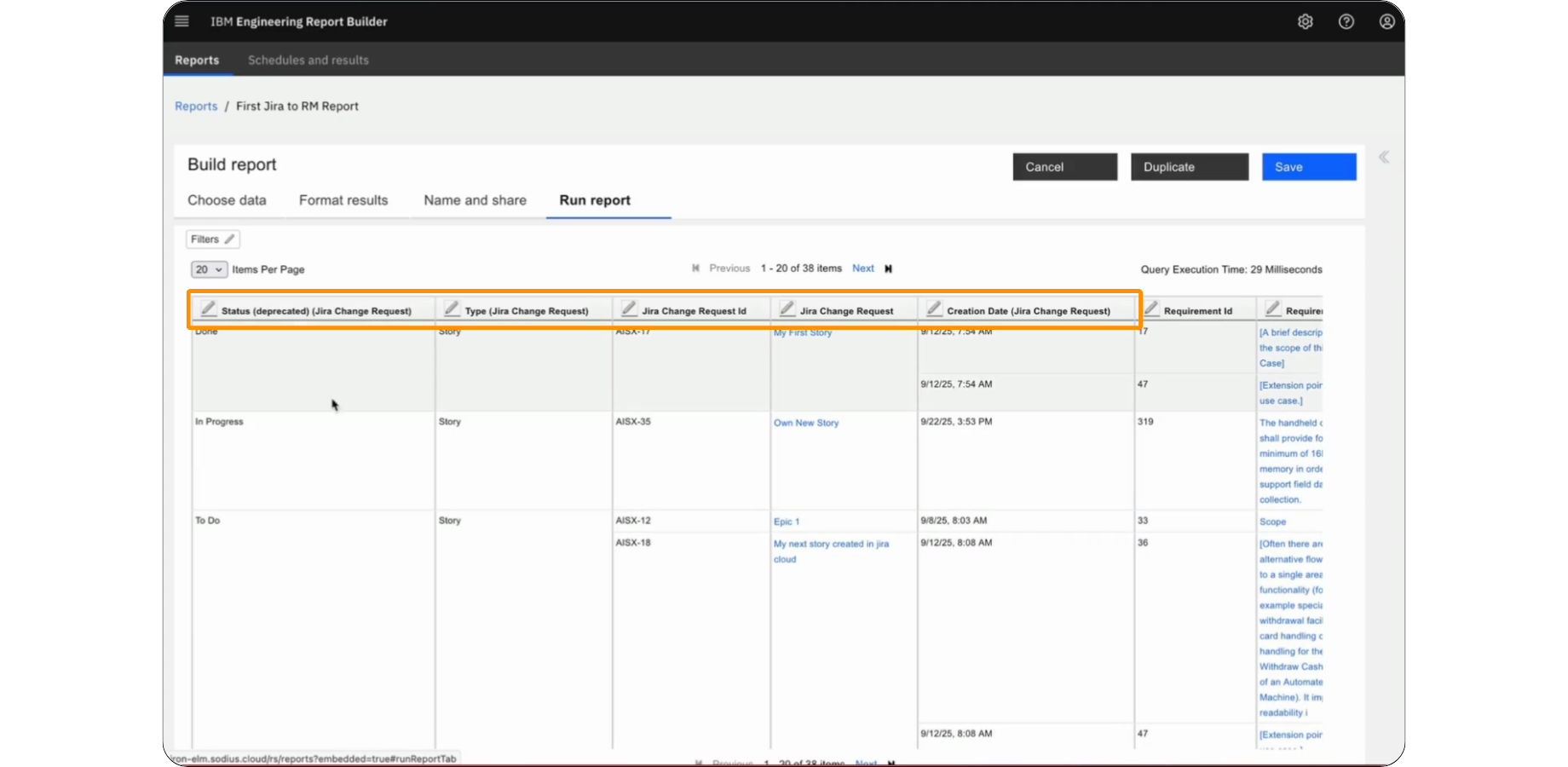 Jira Cloud data appears in IBM Report Builder alongside requirements, enabling end-to-end traceability reports for ISO 26262, DO-178C, and ASPICE.