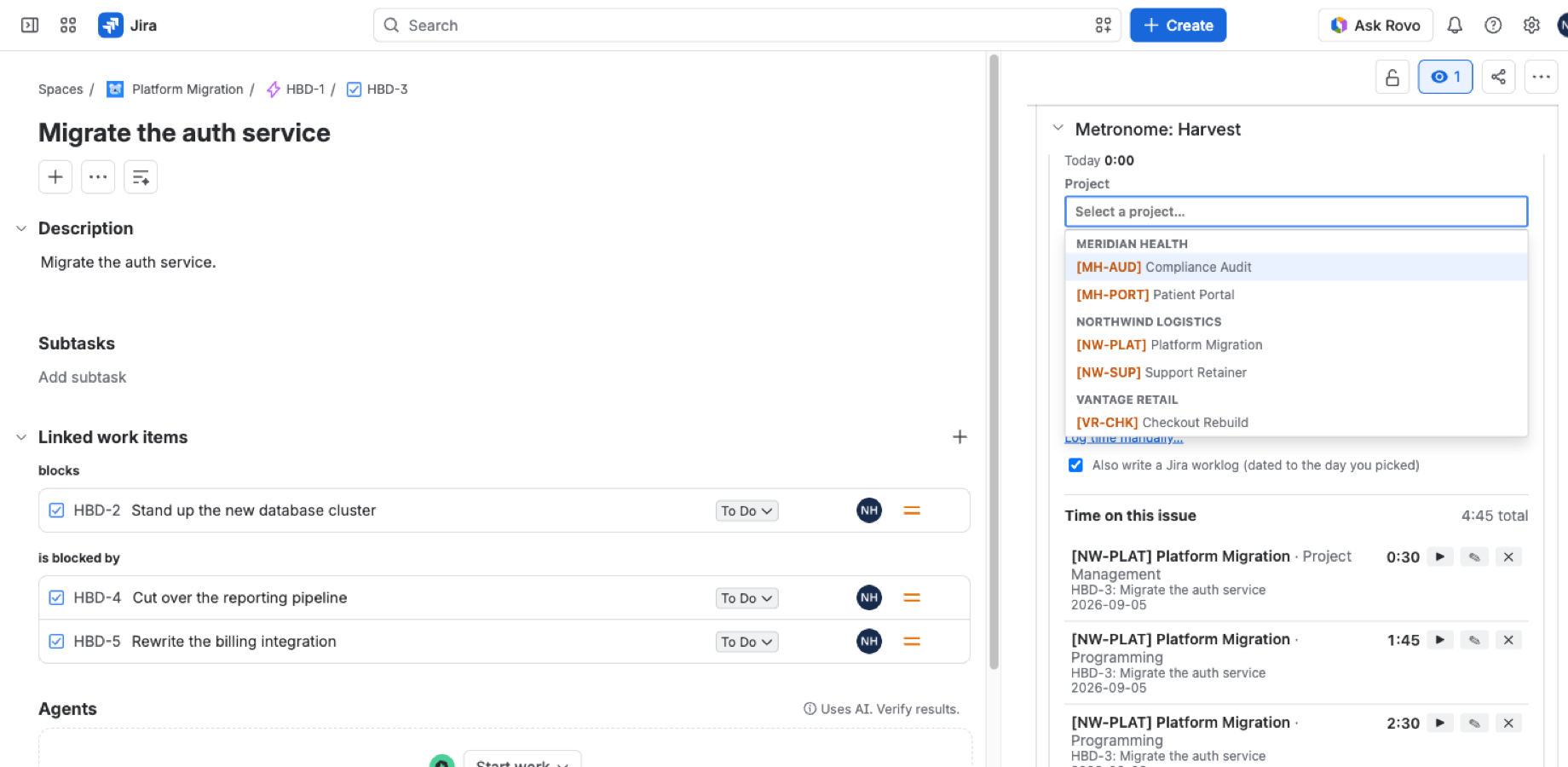 The project picker open, showing Harvest project codes beside names, grouped under their clients