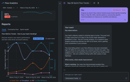 Flow Analytics reveal problems before they explode. Coach spots efficiency dropping to 65%, cycle time doubling, and explains exactly what this pattern means and the next actions for your team.