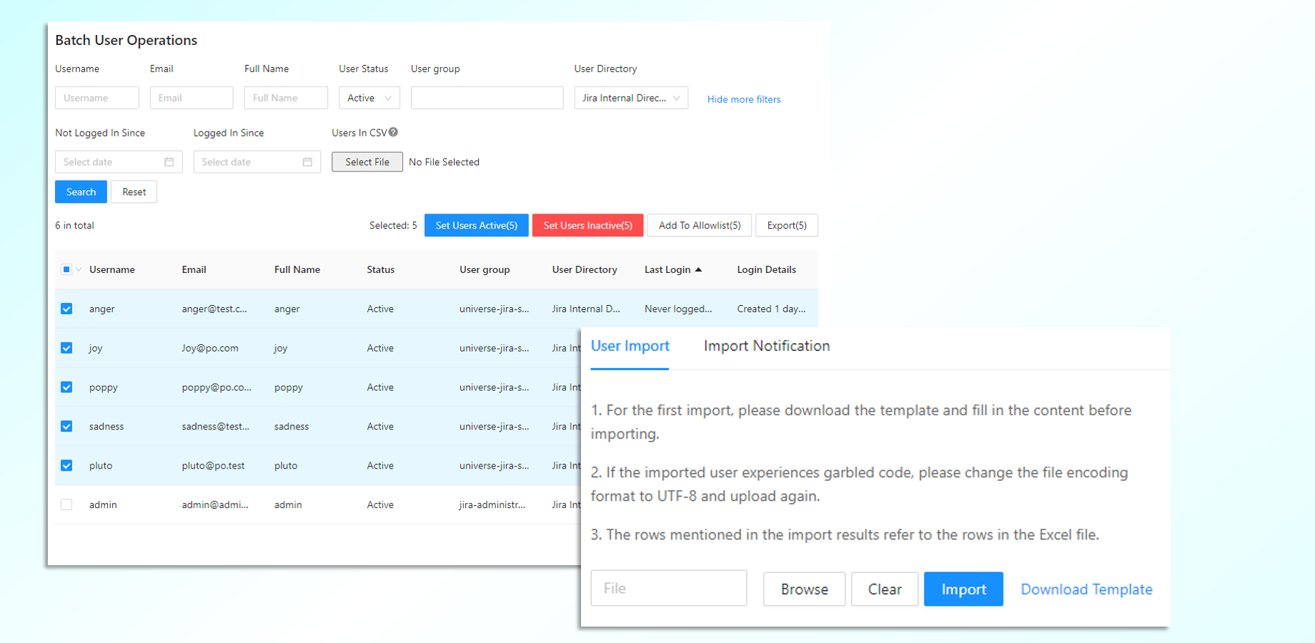 ​- Search users with more filters
- Batch set users active/inactive
- Import/export users