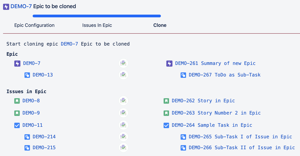 Summary of the cloning with links to all copied issues on the cloning results screen.