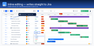 Double-click any Status or Assignee cell to edit — changes persist straight to Jira. Click the blue issue key to open the issue.