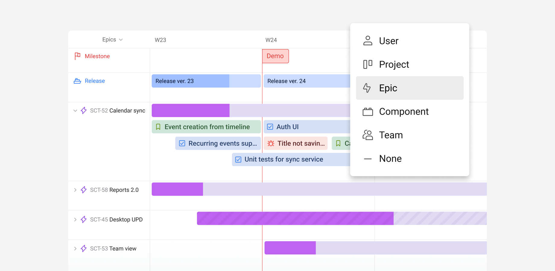 Build a visual Jira portfolio management roadmap to get an overview of how all your projects are progressing. Manage releases and highlight key dates with milestones to check whether your work is on schedule.
