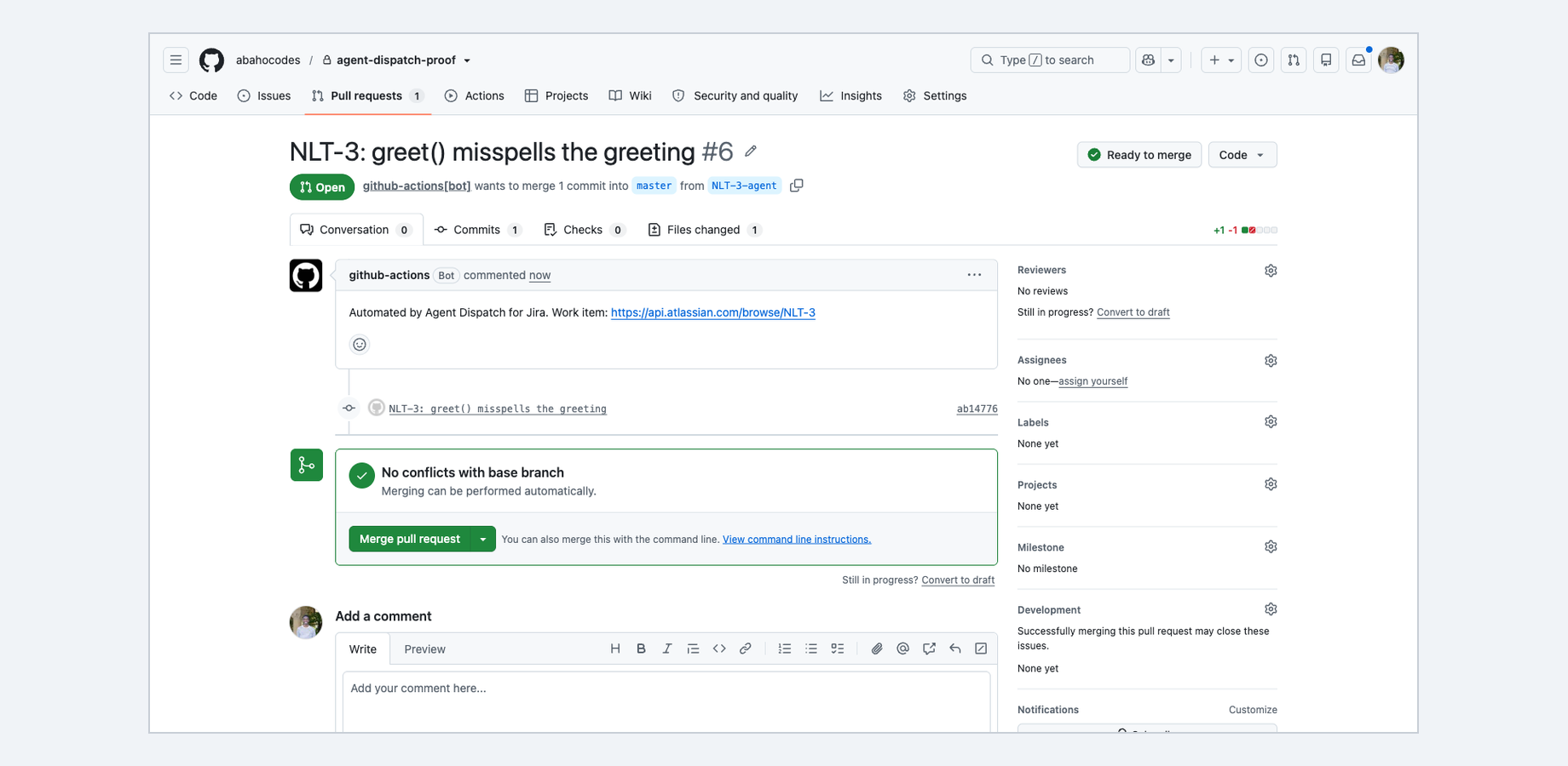 The pull request opened by the CI run: one commit on an issue-keyed branch, linked back to the Jira work item, ready to merge.