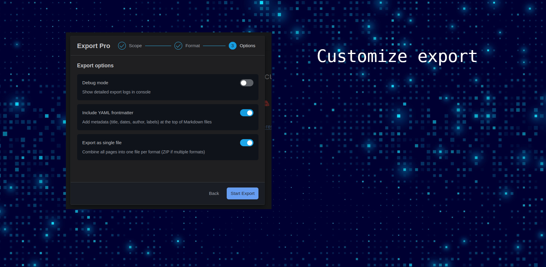 Optional YAML frontmatter adds structured metadata to your exports - perfect for Jekyll, Hugo, Docusaurus, or any static site generator