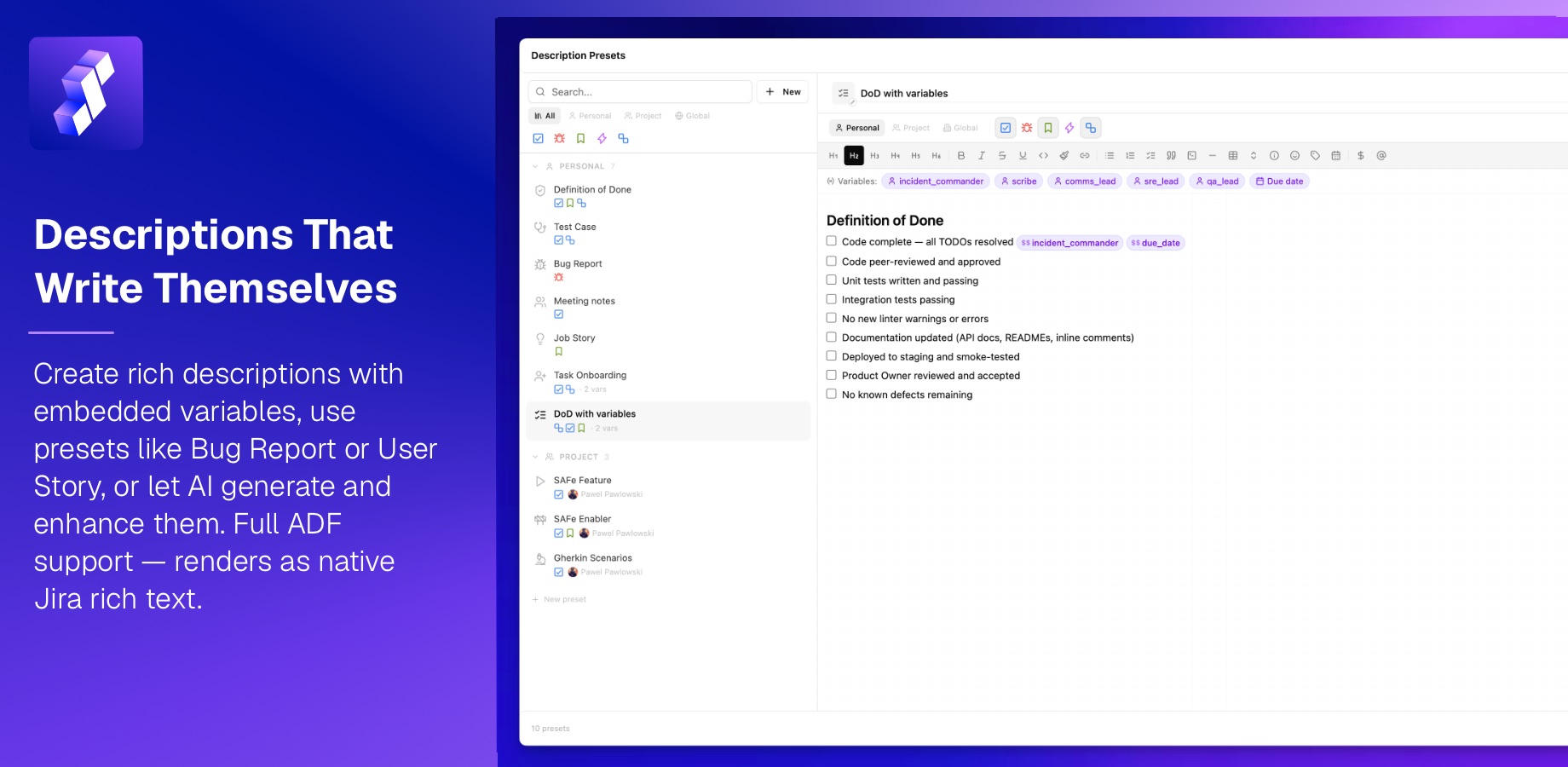 Rich text description editor with variable pills, presets, and AI generation