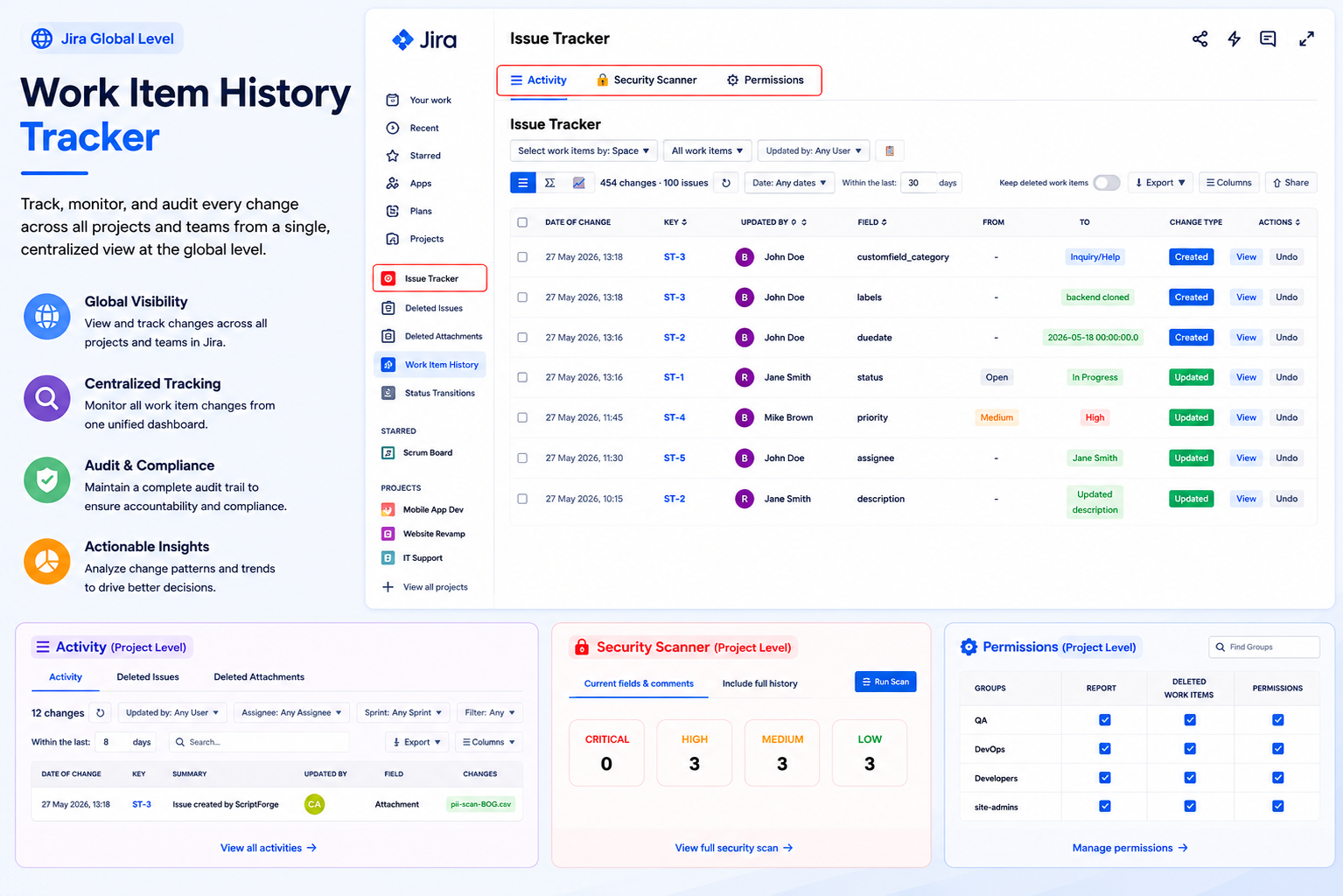 Analyze, filter, export, and secure Jira work item history across all projects with global tracking, reporting, permissions management, and security scanning capabilities