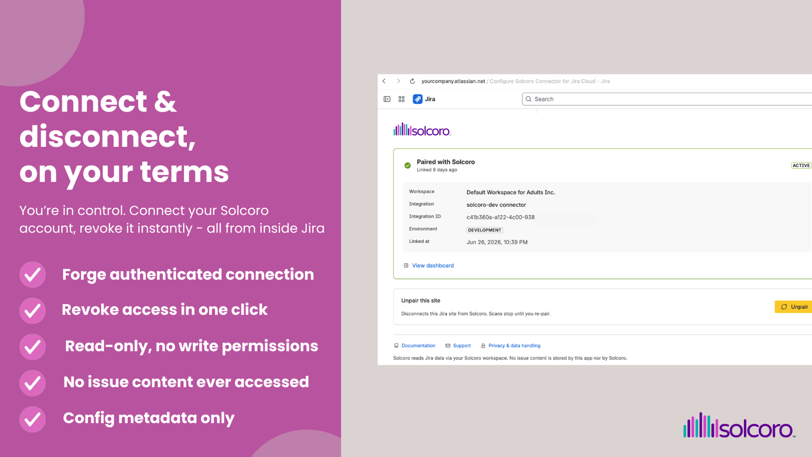 Connection status and one-click disconnect, managed from within Jira