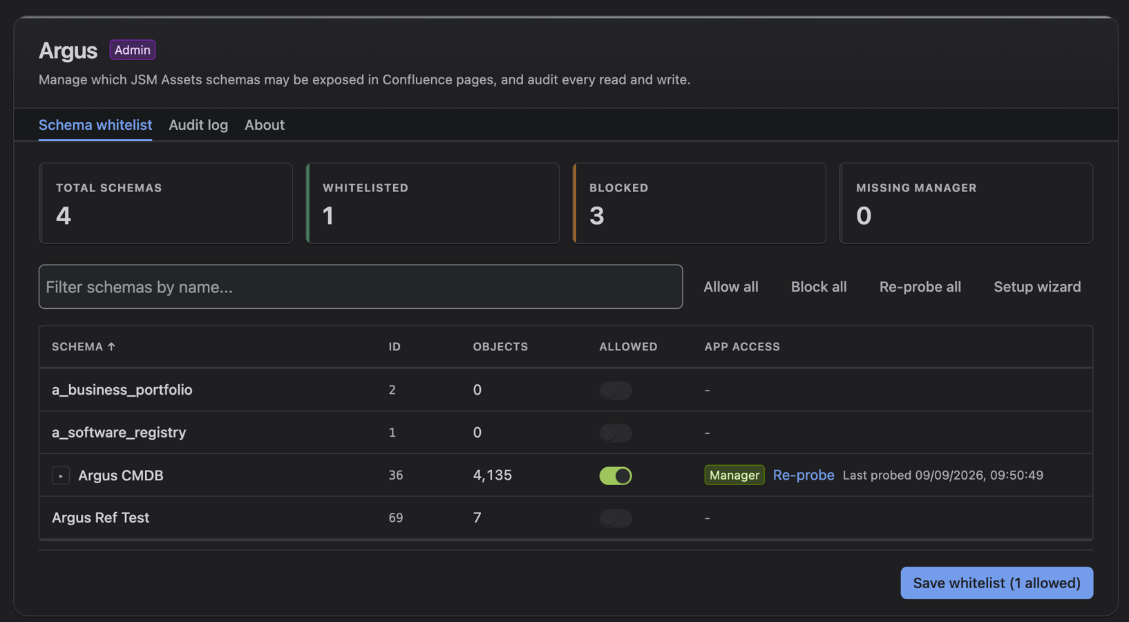 Schema allow list on the admin page
