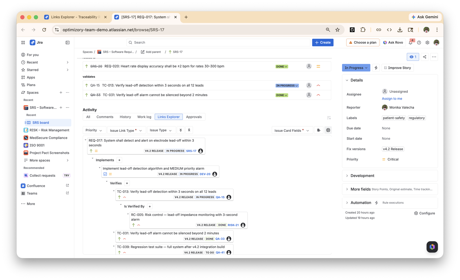 Impact analysis view displaying recursive upstream and downstream dependency mapping from a single changed requirement, spanning multiple linked issue types and projects.