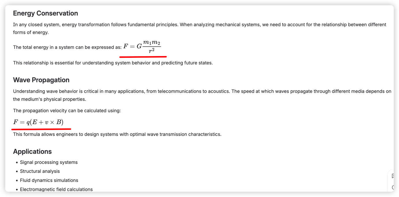 A Confluence page displaying both inline and block LaTeX formulas. The inline formula appears within a text paragraph, while the block formula is rendered as a standalone equation below the text.